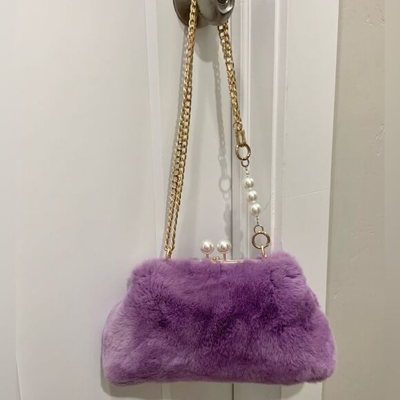 Handmade Real Rex Rabbit Fur Kisslock Wristlet/Crossbody & Mink Fur Bag Charm - Picture 3 of 16